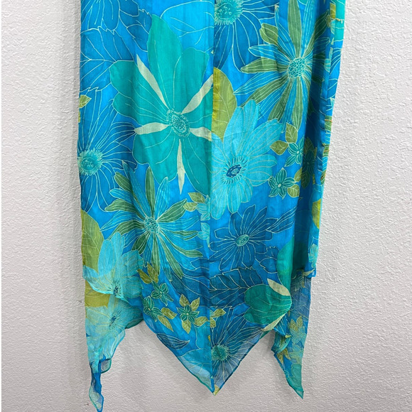 VINTAGE MAGGY LONDON TEAL BLUE FLORAL SLEEVELESS ASYMMETRICAL LAYERED DRESS 12 - Picture 3 of 10